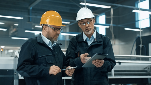 Two men in an industrial hall with protective overalls, googles and helmets look at a tablet